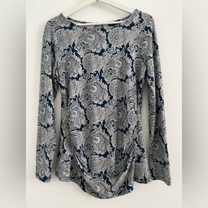 Talbots T Shirt Womens S Small Blue Paisley Stretchy Long Sleeve Ruched Front